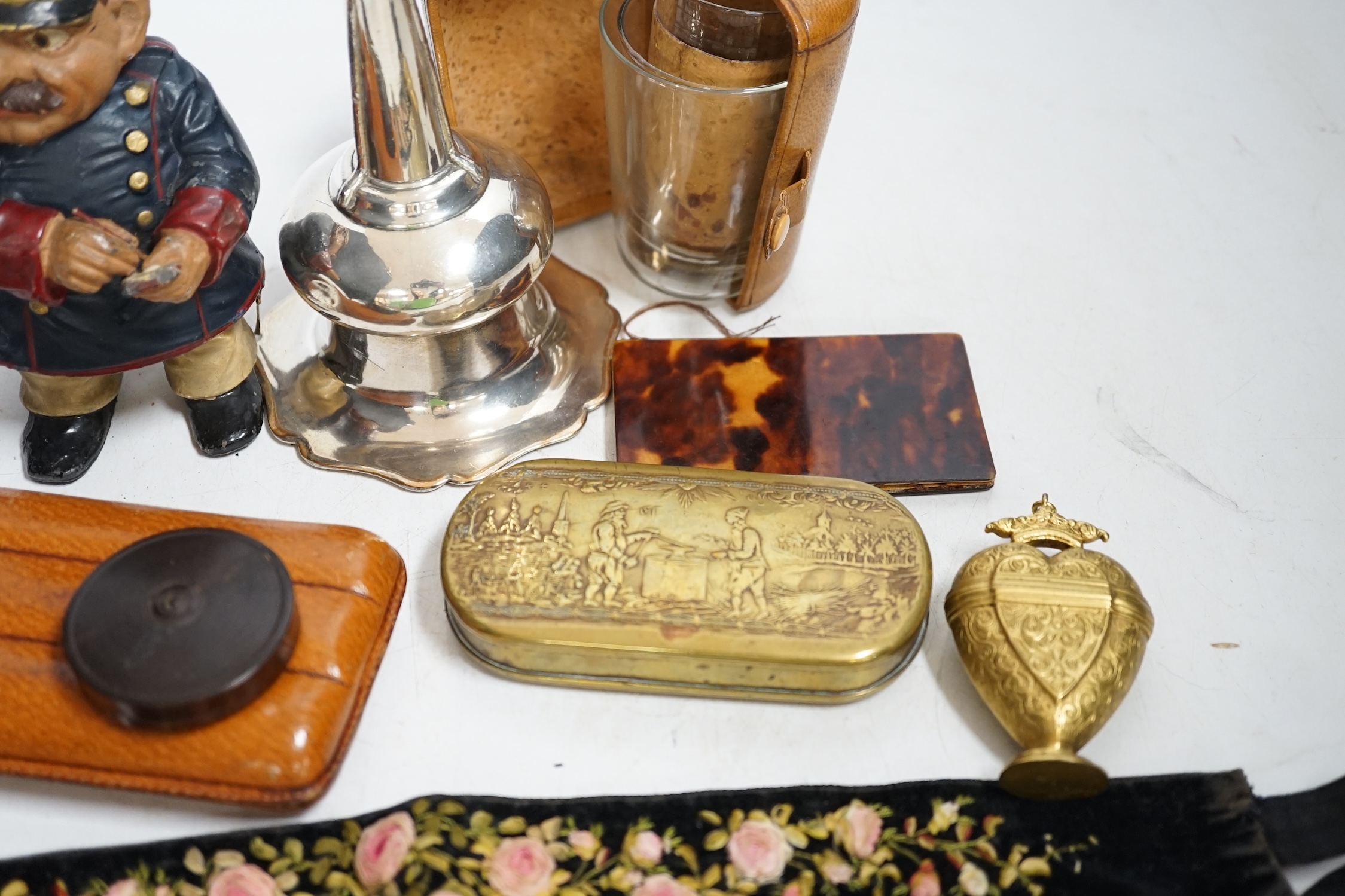 Sundry items to include a gilt metal heart shaped vinaigrette, a tobacco box, a plated wine funnel, etc. Condition - mostly fair